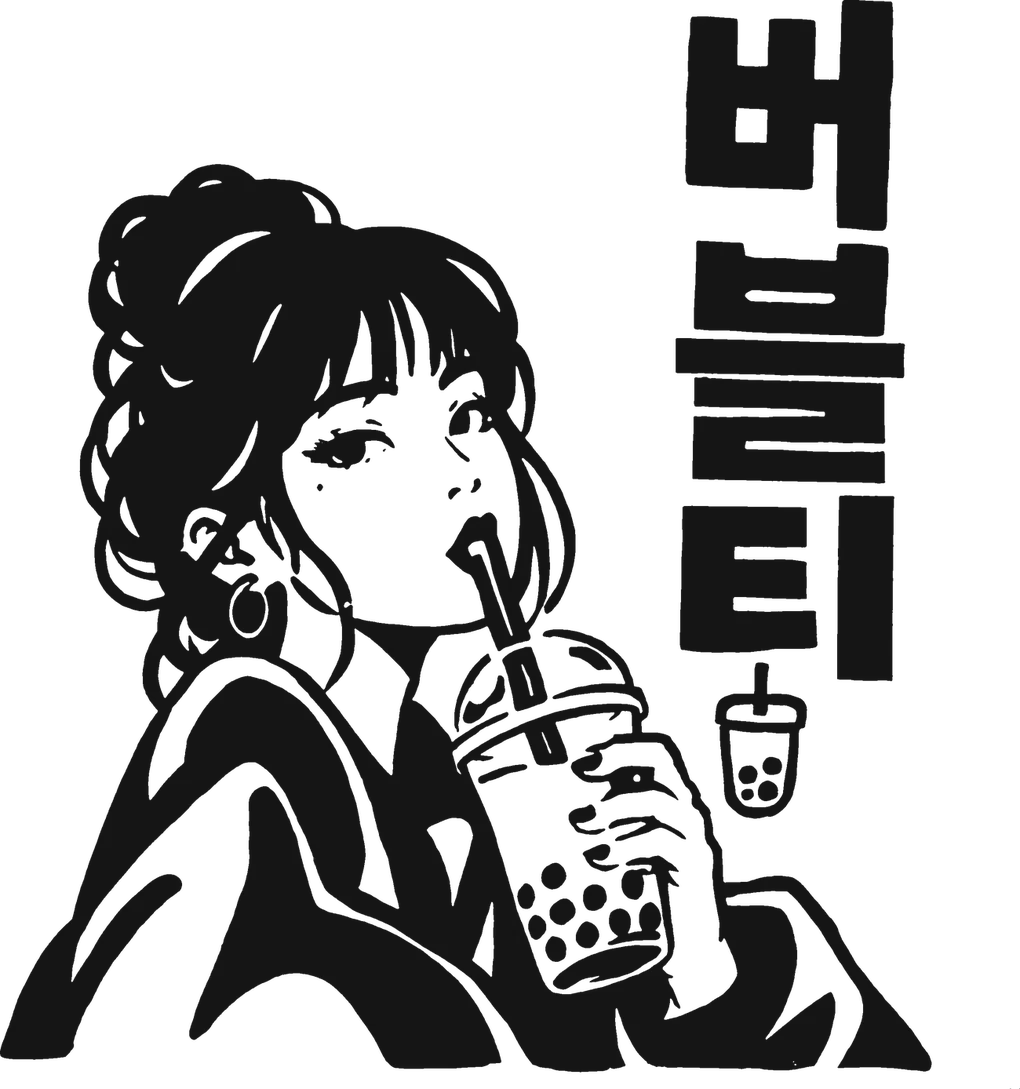 Mural del local: chica tomando bubble tea, con la palabra 버블티