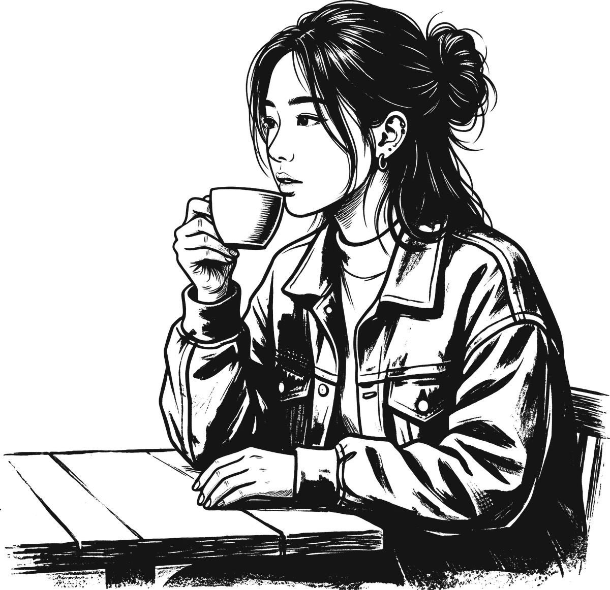 Ilustración: mujer tomando café en una mesa de madera